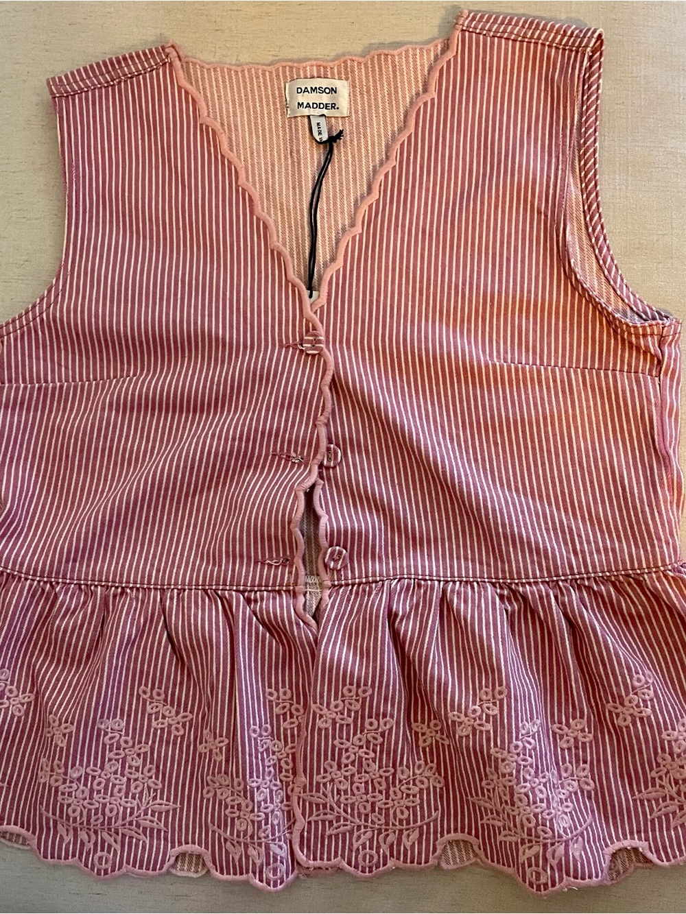 Damson Madder Pink Striped Sleeveless Peplum Blouse with Embroidery